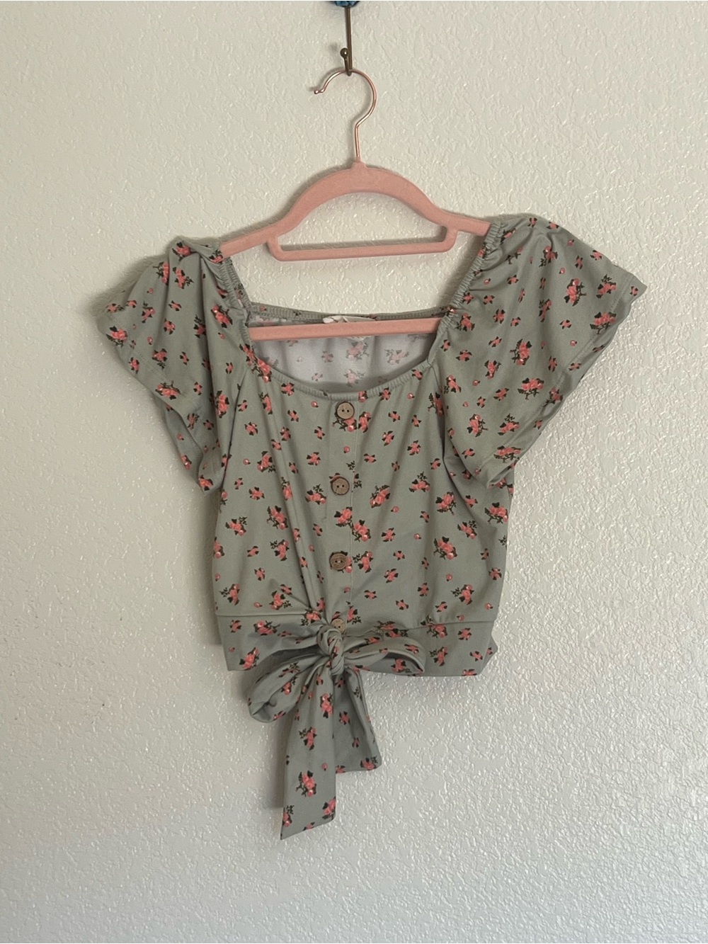 Girls Sage Floral Tie-Front Crop Top with Button Detail